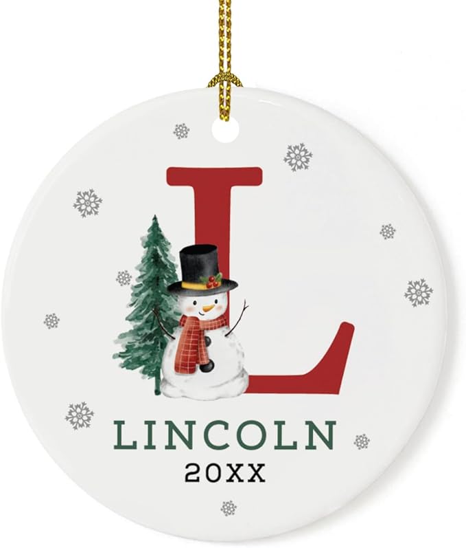 Andaz Press Personalized Ornament, Custom Name, Initial L Monogram Snowman 2.8" Ceramic Porcelain 2025 Christmas Ornament Keepsake for Kids, Boys, Girls, Includes Gold Ribbon & Gift Box, 1-Pack