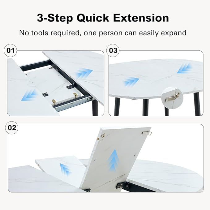 42"-54" Round to Oval Extendable Dining Room Table, White Faux Marble & Wood Grain Top with Black Metal Legs, Modern Round Dining Table for 4–6, Space-Saving Kitchen Table, Easy Assembly