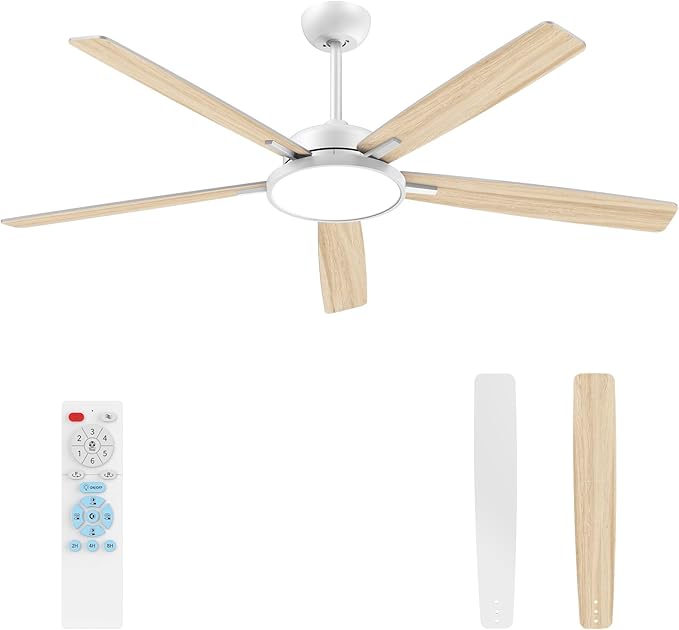 TALOYA Large Ceiling Fans with Lights and Remote, Reversible Quiet DC Motor, 6 Speeds, 3CCT, Dimmable, 62 inch White Modern Ceiling Fan for Patios, Living room, Bedroom, Farmhouse, Indoor, Outdoor