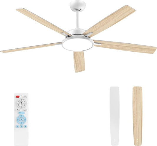 TALOYA Large Ceiling Fans with Lights and Remote, Reversible Quiet DC Motor, 6 Speeds, 3CCT, Dimmable, 62 inch White Modern Ceiling Fan for Patios, Living room, Bedroom, Farmhouse, Indoor, Outdoor