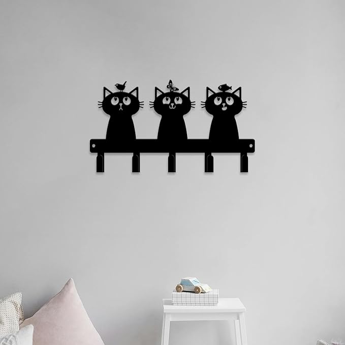 magilab Cat-Themed 10-Inch Iron Key Hooks with 5 Hooks, Black Wall Organizer - Cute Cat Design for Home Decor, No Drill & Screw-in Options (Style K)
