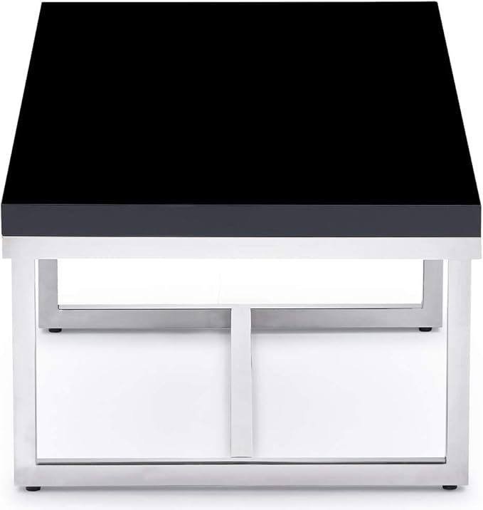 Modern Straz Coffee Table Glossy Black Lacquer Top Polished Stainless-Steel Base