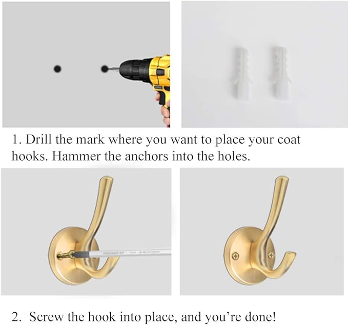 ZUONAI Gold Bathroom Towel Hooks Gold Coat Hooks 2 Pack Heavy Duty Brushed Towel Hooks Screws Solid Brass Wall Hooks for Hanging Coats, Hats, Jacket, Clothing and Keys in Bedroom Bathroom