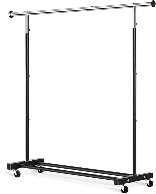 Clothing Rack, 55.51 Inch Heavy Duty Clothes Rack Rolling Garment Rack with Wheels and Bottom Shelf, 130LB Capacity Clothes Racks for Hanging Clothes, Coats, Shirts, Sweaters, Skirts, Black
