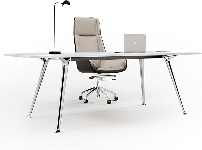 Writing Computer Desk, 60-Inch Large Executive Desk Office Workstation with Chrome-Plated Legs and Built-in Power Outlet, Writing Table Business Furniture, Modern Minimalist Style for Home Office