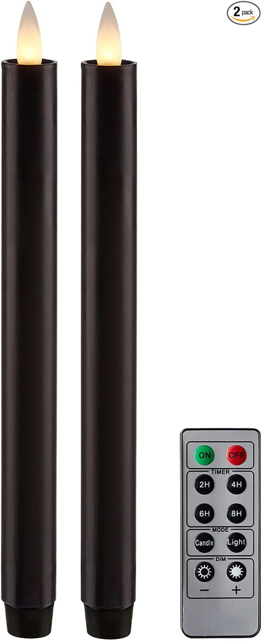 Flameless Taper Candles Flickering with Remote and Timer, 3D Moving Flame Taper Candle Battery Operated to 400 Hours, 9 Inch Window Candles, (Black)