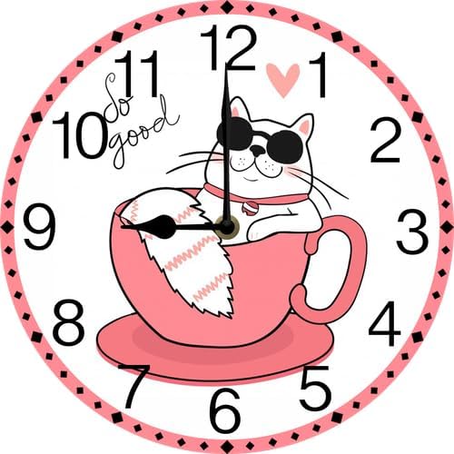 Wall Clock,Cat Sleeping in A Coffee Cup Kitchen Decor and Accessories, Decorative Battery Operated Clocks for Living Room Bedroom Bathroom Farmhouse 12 Inch