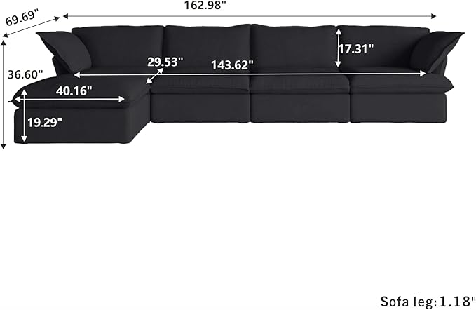 WJShome 162.98" Cloud Modular Sectional Sofa, L Shaped Couch Filled with Down, Minimalist Wide Deep Seat Couches for Living Room Apartment Lounge Bedroom (Black 4 Seater+1 Ottoman)