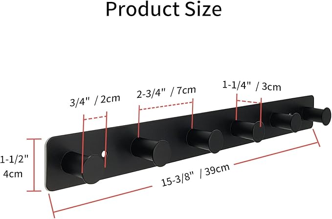 Coat Rack Wall Mounted, Black Coat Hooks Adhesive & Screw in, Stainless Steel Door Hooks for Hanging Hat Towels Clothes, Hook Rail with 6 Round Hangers