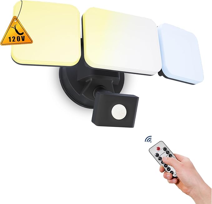 EMANER Outdoor Security Light Remote Control, 280W Equiv. Motion Sensor Floodlight, Keep On or Motion Activated, Tunable White, 110V Dimmable Wall Light for Garage (Black, 1-Pack)