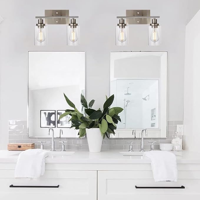 MELUCEE Metal Wall Lights with Clear Glass Shade 2 Heads Bathroom Light Fixtures Brushed Nickel Modern Vanity Lights Sconces for Hallway Bedroom Kitchen (Patent No.: US D963914 S)