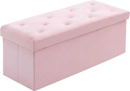 BRIAN & DANY 43 Inches Folding Storage Ottoman Bench, Velvet Ottoman with Storage for Living Room, Long Shoes Bench, Flannelette Footrest Benches Seat (Pink)