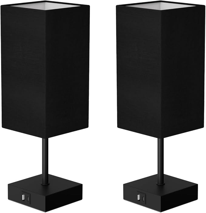 Sailstar Bedside Table Lamps Set of 2, Touch Bedroom Lamp with USB C+A Charging Ports, 3 Way Dimmable Lamps for Night Stands, Small Table Lamp for Bedroom Decor, LED Bulbs Included, Upgraded Black