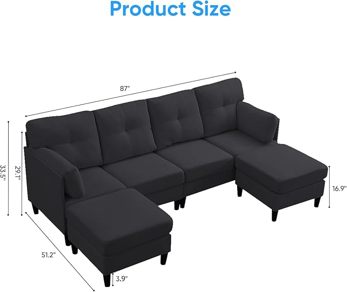 PUREMIND Sectional Couches for Living Room, Modern Snow Velvet U-Shaped Sofa Couch with Double Chaise, Upholstered 4 Seater Home Sofa for Living Room, Apartment, Office, Dark Grey