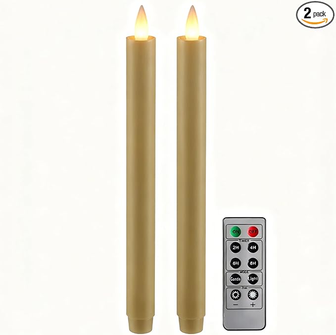 Flameless Taper Candles Flickering with Remote and Timer, 3D Moving Flame Taper Candle Battery Operated to 400 Hours, 9 Inch Window Candles, (Light Brown)