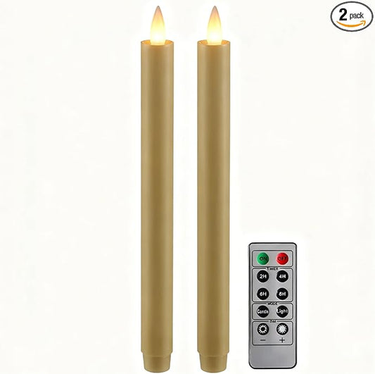 Flameless Taper Candles Flickering with Remote and Timer, 3D Moving Flame Taper Candle Battery Operated to 400 Hours, 9 Inch Window Candles, (Light Brown)