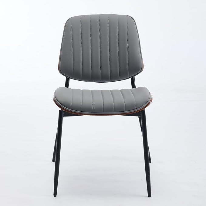Dining Chairs Set of 8, Mid Century Modern Accent Dining Room and Kitchen Chairs, Upholstered PU Leather Vertical Stripe Chairs for Vanity with Walnut Bentwood and Metal Legs, Gray