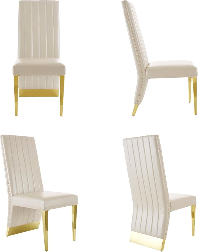 AUZ White Leather Dining Chairs Set of 4, Glam White and Gold Dining Room Chairs with Gold Legs and Nail Head Trims
