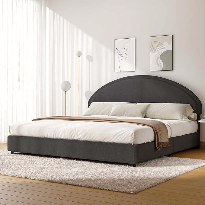 King Size Bed Frame, Upholstered Platform Bed with Headboard, Boucle Bed Frame with Round Conner, No Box Spring Required, Easy Assembly, Dark Grey