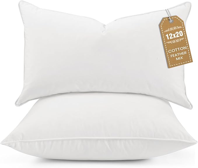 BHZ Throw Pillows 12x20 Euro Pillow Inserts Set of 2, Down Feather Alternative Pillow Inserts, Decorative Soft Large Square White Throw Pillows Insert for Couch Bed Dorm Sofa with Cotton Cover