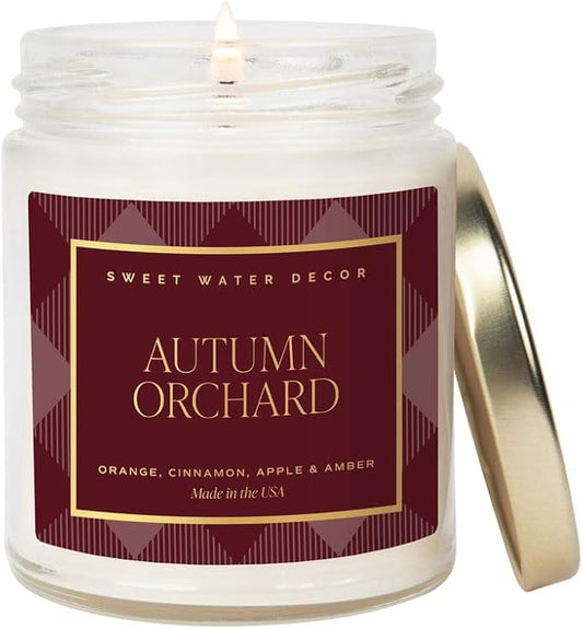 Sweet Water Decor Autumn Orchard Candle, Autumn Scented Notes of Citrus, Cinnamon, & Apples, 40+ Hour Burn Time, Non-Toxic Soy Wax Blend, Poured in The USA, Cotton Wick, 9oz Glass Jar with Gold Lid