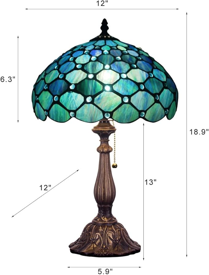 Tiffany Table Lamp Stained Glass Lamp 12X12X19 Inch Antique Reading Light (Sea Blue Pear)