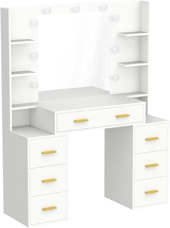 PAKASEPT Vanity Set with Lighted Mirror, 43'' Makeup Vanity with Charging Station, Vanity Desk with 9PCS LED Bulb, Storage Shelves, 7 Drawers for Bedroom(No Stool)