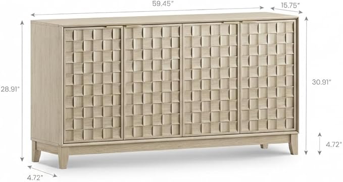 Mid-Century Sideboard Buffet Cabinet with 6×10 Embossed Checkerboard Doors, Adjustable Shelves & Soft-Close Hinges, Modern Storage Cabinet for Dining Room, Living Room, Entryway – Oak White Finish