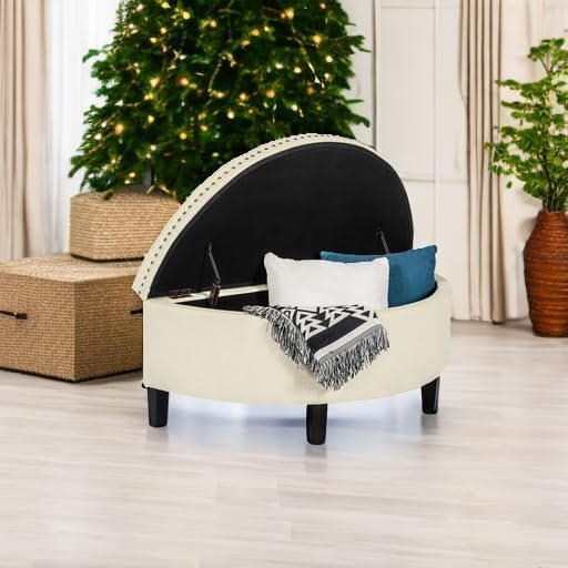 Homebeez 43" Half Moon Storage Ottoman, Button Tufted Bedroom Benches for Entryway Living Room (Cream)