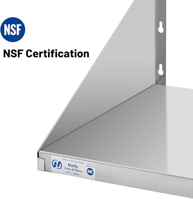 Hally Stainless Steel Microwave Shelf 18"x24" 185 lb, NSF Commercial Heavy Duty Metal Appliance Wall Mount Floating Shelving for Restaurant, Kitchen, Bar, Home and Hotel
