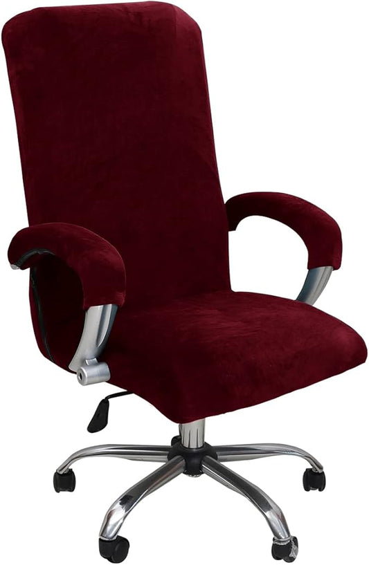 Velvet Plush Wide Large Office Chair Cover - Cat Proof Stretchable Protector for Ergonomic Office Desk Chair with Wheels and Armrests - Comfy Mesh Executive Chair for Home Office, Wine Red, XL