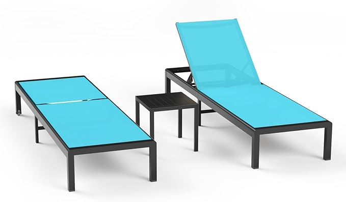 Aluminum Lounge Chairs Outdoor Chaise Furniture,2 Sets Patio Metal Deck Lounger Adjustable 5-Position Poolside Chase Recliner with Wheels for Beach,Coffee Table, (Blue, 2 Chairs + Table)