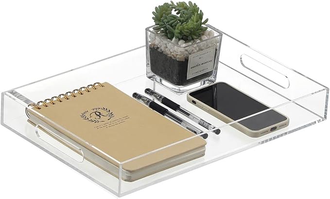 Clear Sturdy Acrylic Serving Tray with Handles-12x20Inch-Serving Coffee,Appetizer,Breakfast,Butler-Kitchen Countertop Tray-Makeup Drawer Organizer-Vanity Table,Ottoman Tray-Decorative
