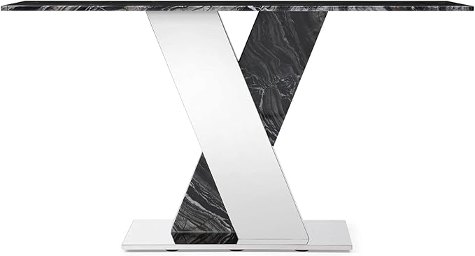 Modern Malbec Black and Grey Marble Console Table with Polished Stainless Steel Base