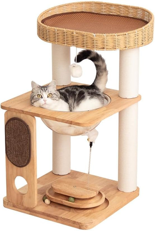 Wood Cat Tree for Large Cats, Modern Cat Tree Tower with Wide Shelves Cotton Scratching Posts, Super Sturdy Base, Cozy Perches, and Interactive Toys for Indoor Kittens 31-Inch