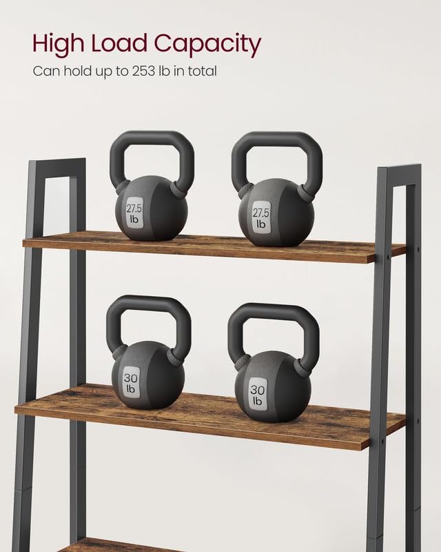 VASAGLE Ladder Shelf, 4-Tier Bookshelf, Storage Rack, Bookcase with Steel Frame, for Living Room, Home Office, Kitchen, Bedroom, Industrial Style, Rustic Brown and Ink Black ULLS144B01