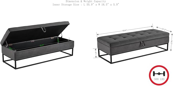 mikibama Velvet Storage Bench,58.6" Long Ottoman with Storage for Living Room,Tufted Storage Benches for Bedroom End of Bed,Entryway,Rectangle Window Seating Bench with Storage. (Velvet Grey)