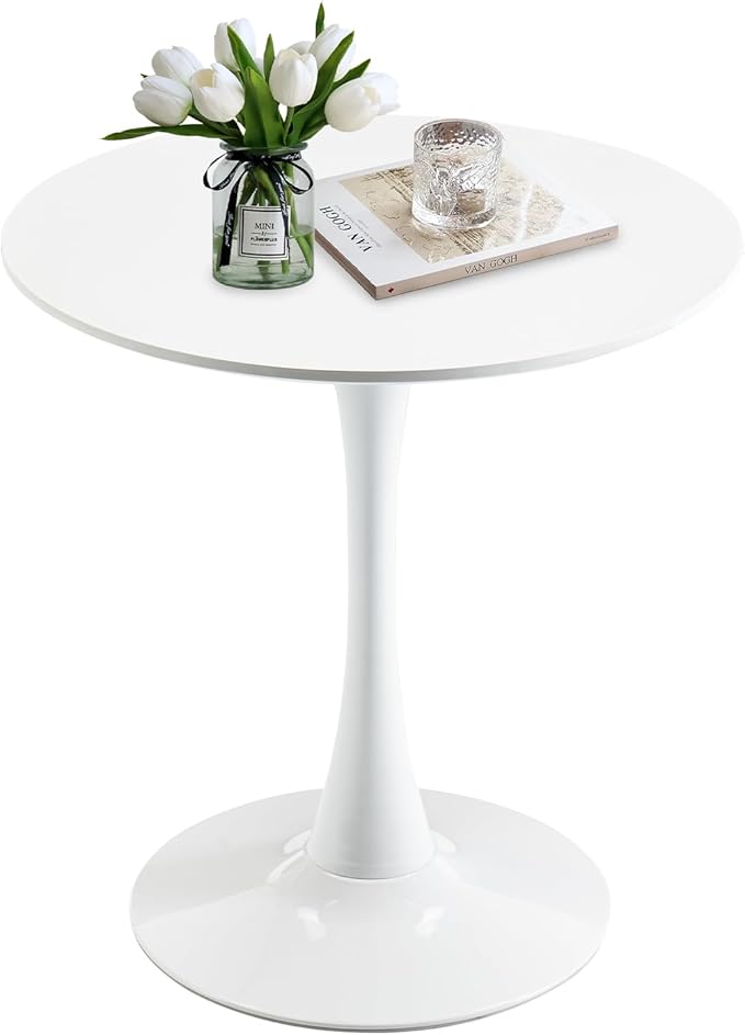 27.5" Small Round Dining Table, Modern Tulip Style Table for 1-2 People, Space-Saving Table for Dining Room, Kitchen, or Cafe, White Pedestal Base