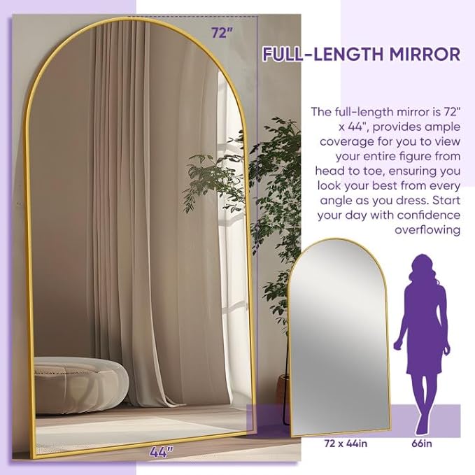 Full Length Mirror, 72"x44" Floor Mirror Freestanding, Oversized Floor Standing Mirror Full Body Mirrors with Stand for Bedroom, Hanging Mounted Mirrors for Living Room Cloakroom, Gold, Arched
