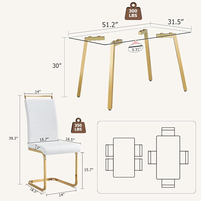 51" Glass Dining Table Set 4,Small Kitchen Room Dining Table Set 4 with Chairs,Tempered Glass Top with Gold Legs,Easy to Assemble,Dinette Breakfast Nook