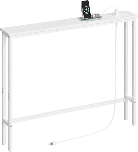 ELYKEN 5.9" Narrow Console Sofa Table with Power Outlets, Total 39.4” Long Behind Couch Table with Charge Station and 5.9’ Extension Cord for Living Room, 5.9" D x 39.4”W x 29.5”H, White