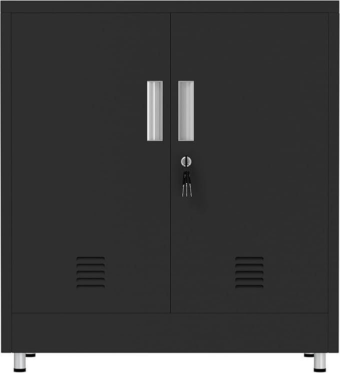 Metal Storage Cabinet with Locking Doors and Adjustable Shelf, Small Lockable Sideboard Buffet Cabinet for Home, Office, Entryway, Hallway, Living Room, Kitchen and Dining Room (Black)