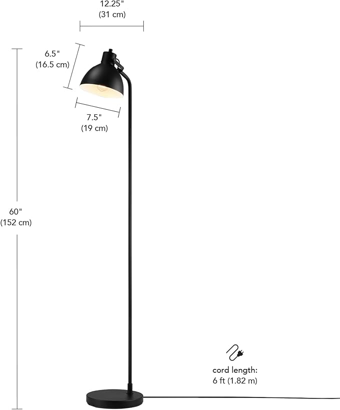 GLOBE Electric 60" Floor Lamp, Matte Black, On/Off Rotary Switch on Socket, 6-Foot Black Cord, Reading Light, Bedroom, Living Room, Home Decor