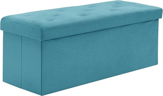 BRIAN & DANY 43 Inches Folding Storage Ottoman Bench, Velvet Ottoman with Storage for Living Room, Long Shoes Bench,Flannelette Footrest Benches Seat (Teal)