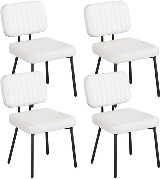 Dining Chairs Set of 4, Upholstered Mid Century Modern Kitchen Dining Room Accent Chairs with Faux Leather Cushion Seat & Metal Legs for Kitchen, Living Room (White, Set of 4)