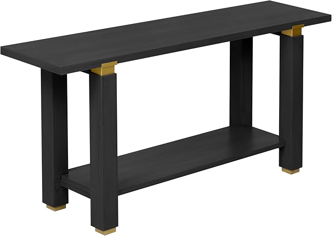 63" Modern Minimalist Console Table with Storage Shelf, Solid Wood Industrial Entryway Sofa Table with Metal Accents for Living Room, Hallway (Black)
