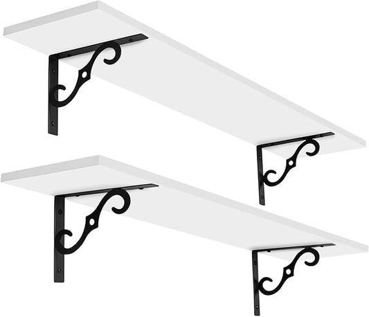 DINZI LVJ Long Wall Shelves, 31.5" Large Floating Shelves Set of 2, Farmhouse Display Shelf Wall Mounted with Heavy Duty Brackets, Easy Assembly for Kitchen, Bathroom, Bedroom, Balcony, White