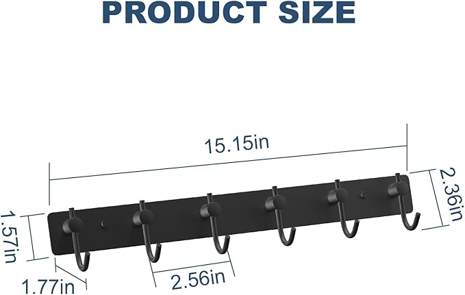 VAEHOLD Wall Hooks for Hanging, Black Coat Rack Wall Mount with 6 Coat Hooks, Towel Hanger, Hat Hooks, Robes Hook in Bathroom, Bedroom, Kitchen, Living Room (1PACK)