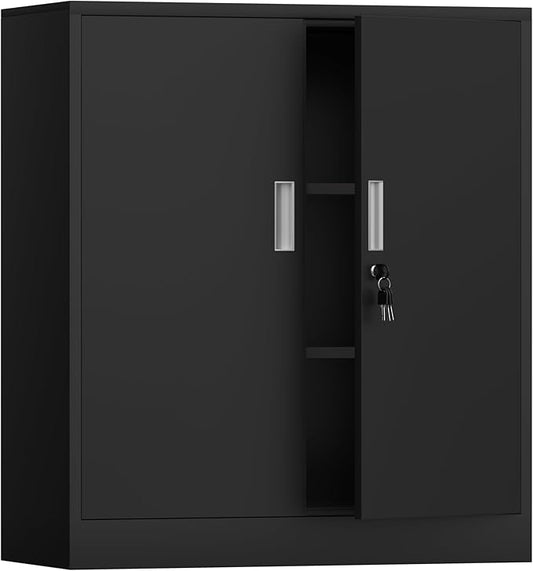 Metal Storage Cabinet with Locking Doors and 2 Adjustable Shelves, Small Lockable Storage Cabinet for Home Office Garage (Black)