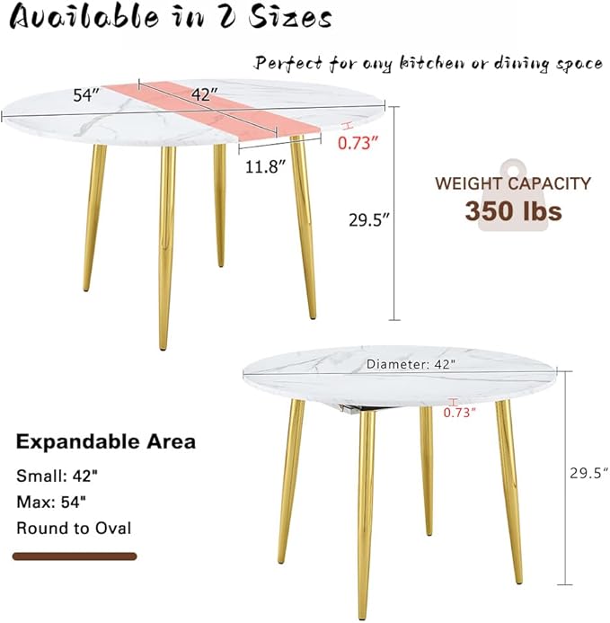 42"-54" Round Extendable Dining Room Table for 4–6, White Faux Marble & Wood Grain Top with Gold Metal Legs, Modern Luxury Oval Dining Room Table, Space-Saving Kitchen Table, Easy Assembly
